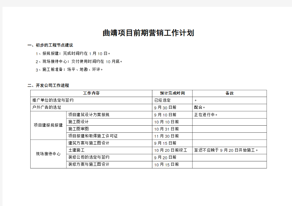 项目前期营销工作计划