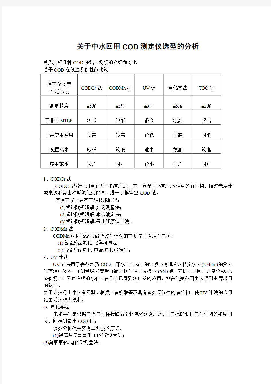 几种COD在线监测仪的介绍和对比