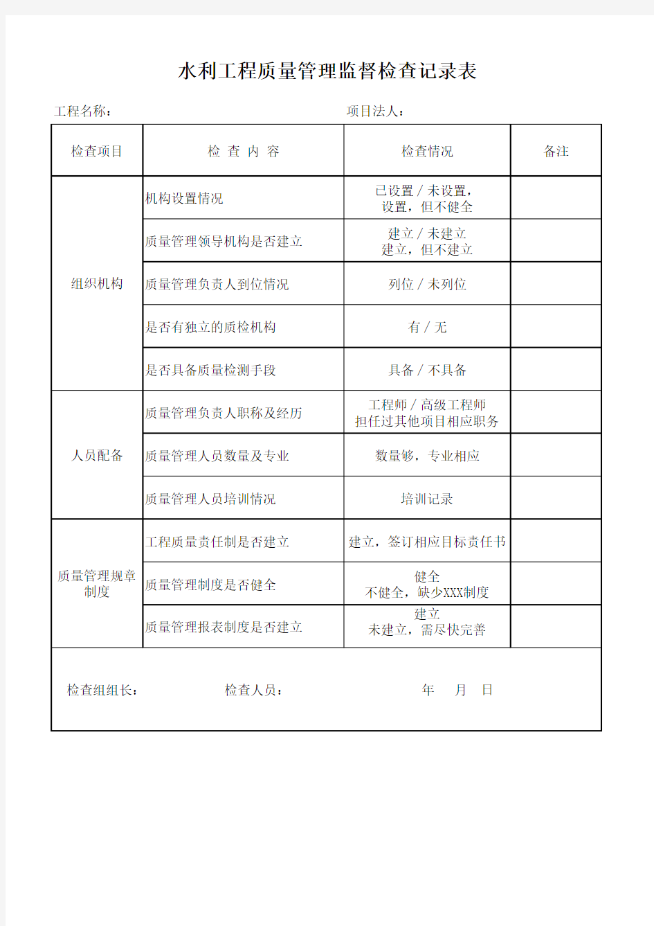 水利质量监督检查表