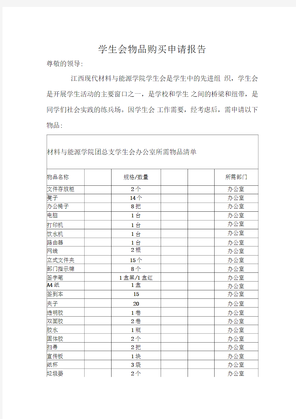 学生会物品购买申请报告