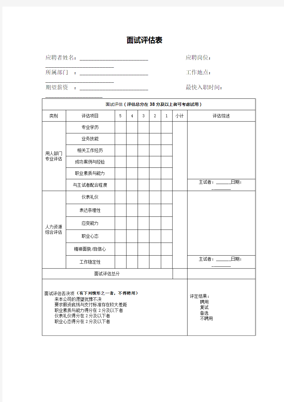 公司面试评估表模版