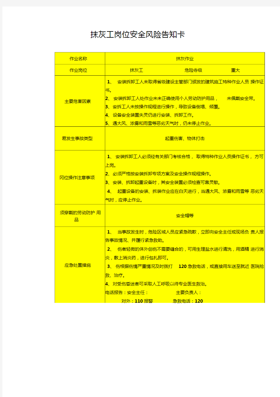 抹灰工岗位安全风险告知卡