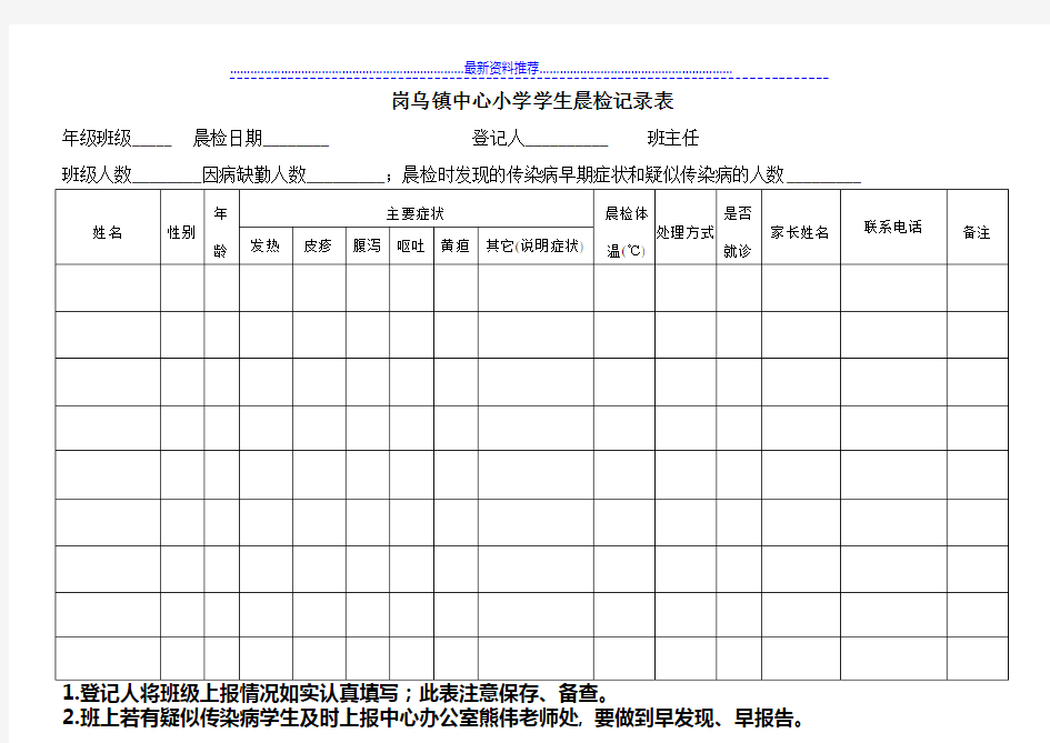 小学学生晨检记录表