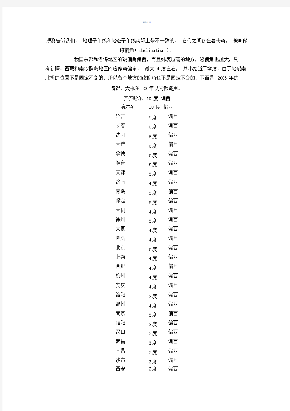 全国各地磁偏角