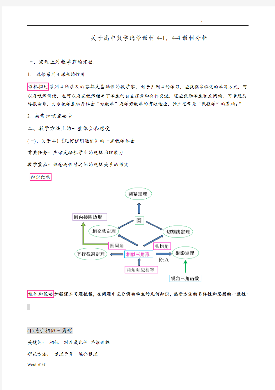 关于高中数学选修教材4-1,4-4教材分析