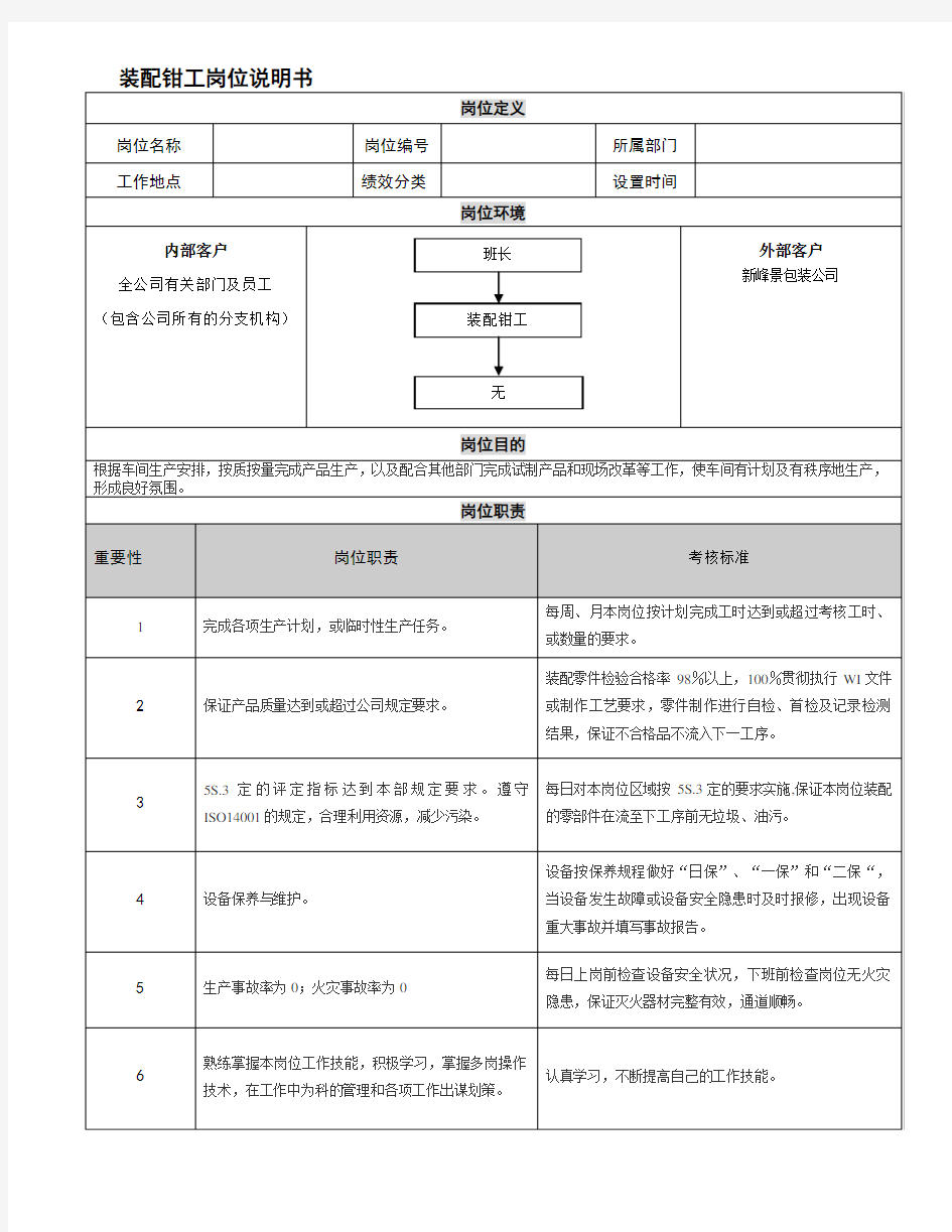 装配钳工岗位说明书