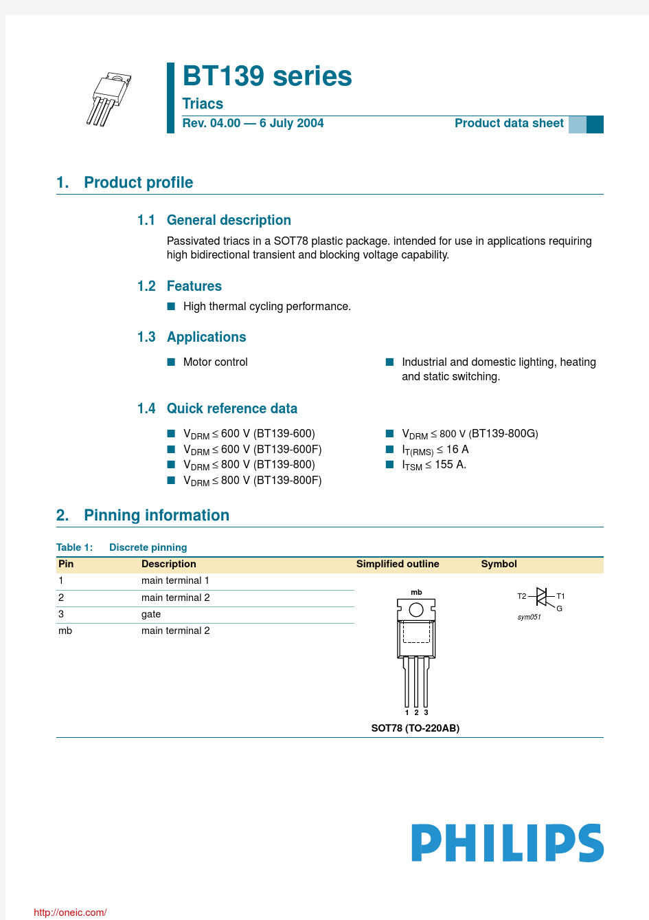 BT139-600,127;BT139-800G,127;BT139-800,127;中文规格书,Datasheet资料