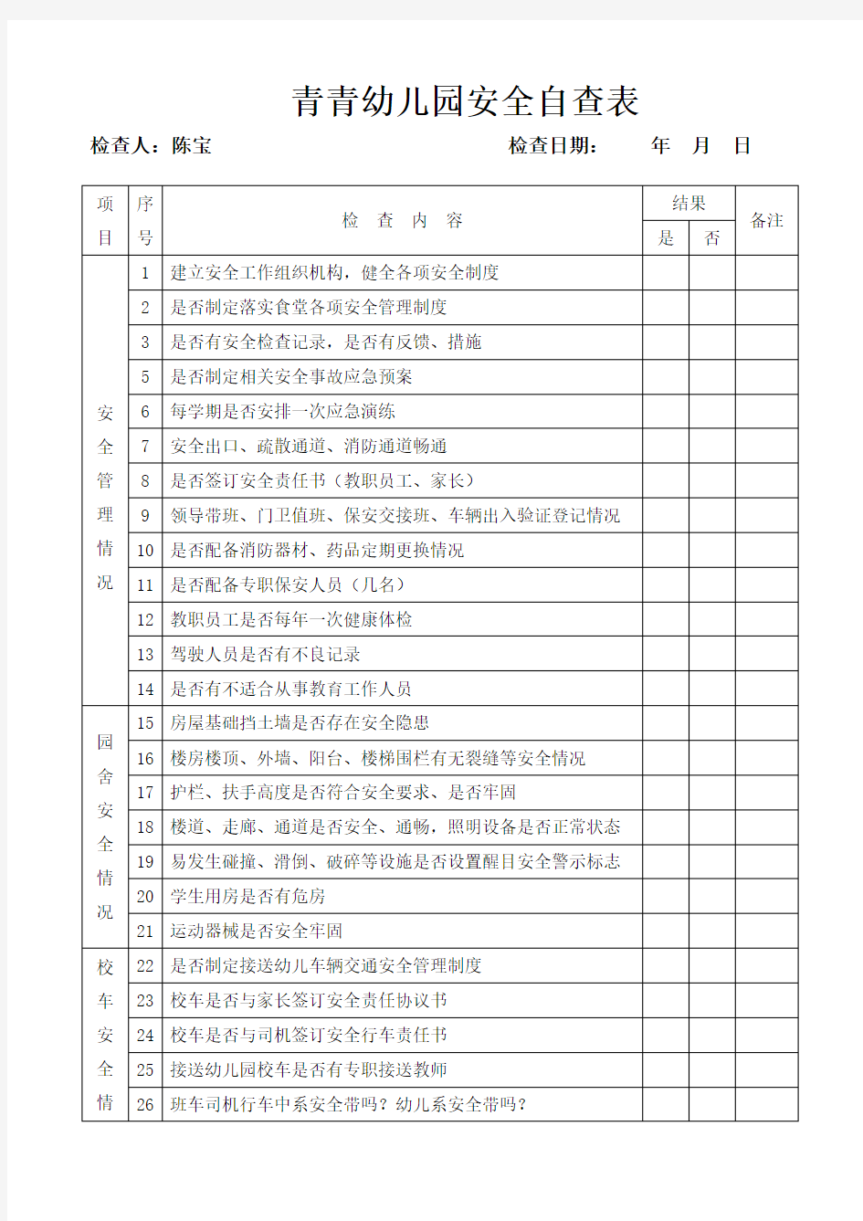 幼儿园安全自查表