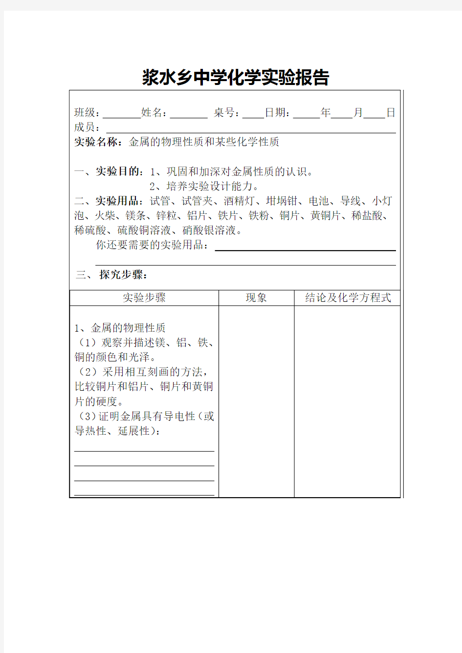 实验活动4： 金属的物理性质和某些化学性质实验报告单