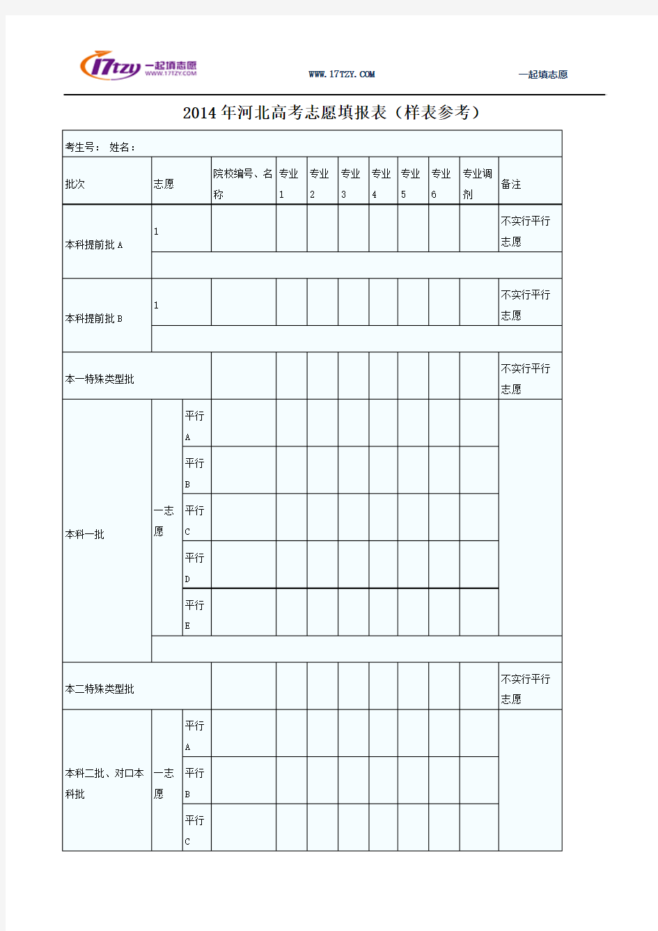 2014年河北高考志愿填报表(样表参考)