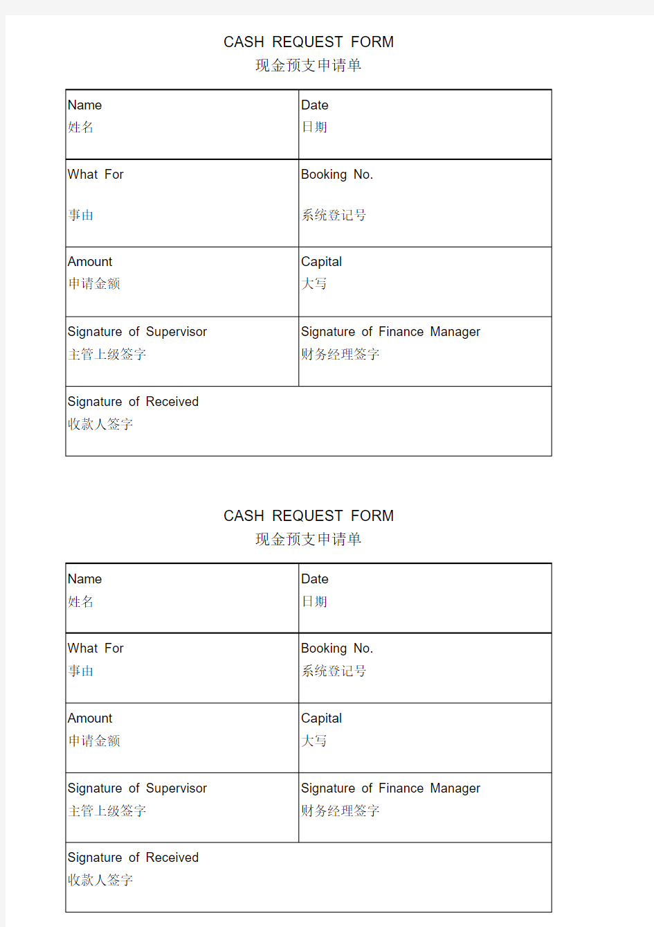 CASH REQUEST FORM现金预支申请单