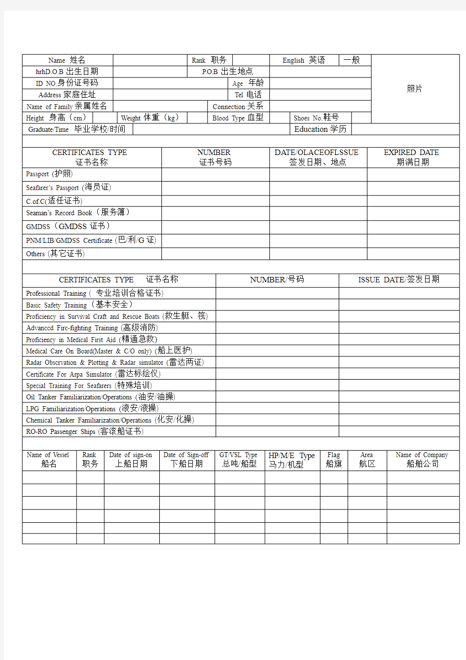 船员简历-基本信息登记表样本