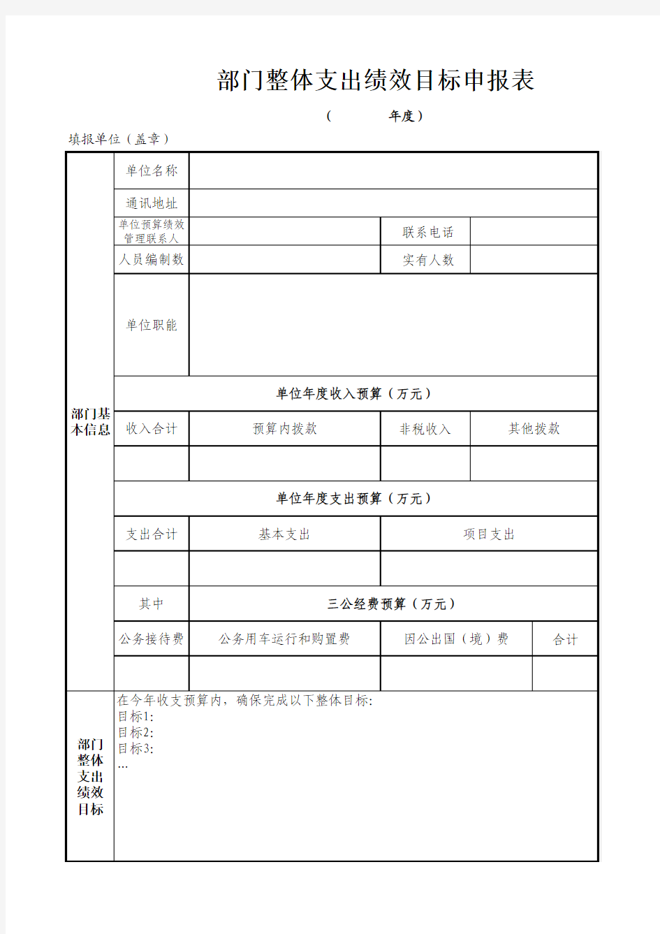 部门整体支出绩效目标申报表