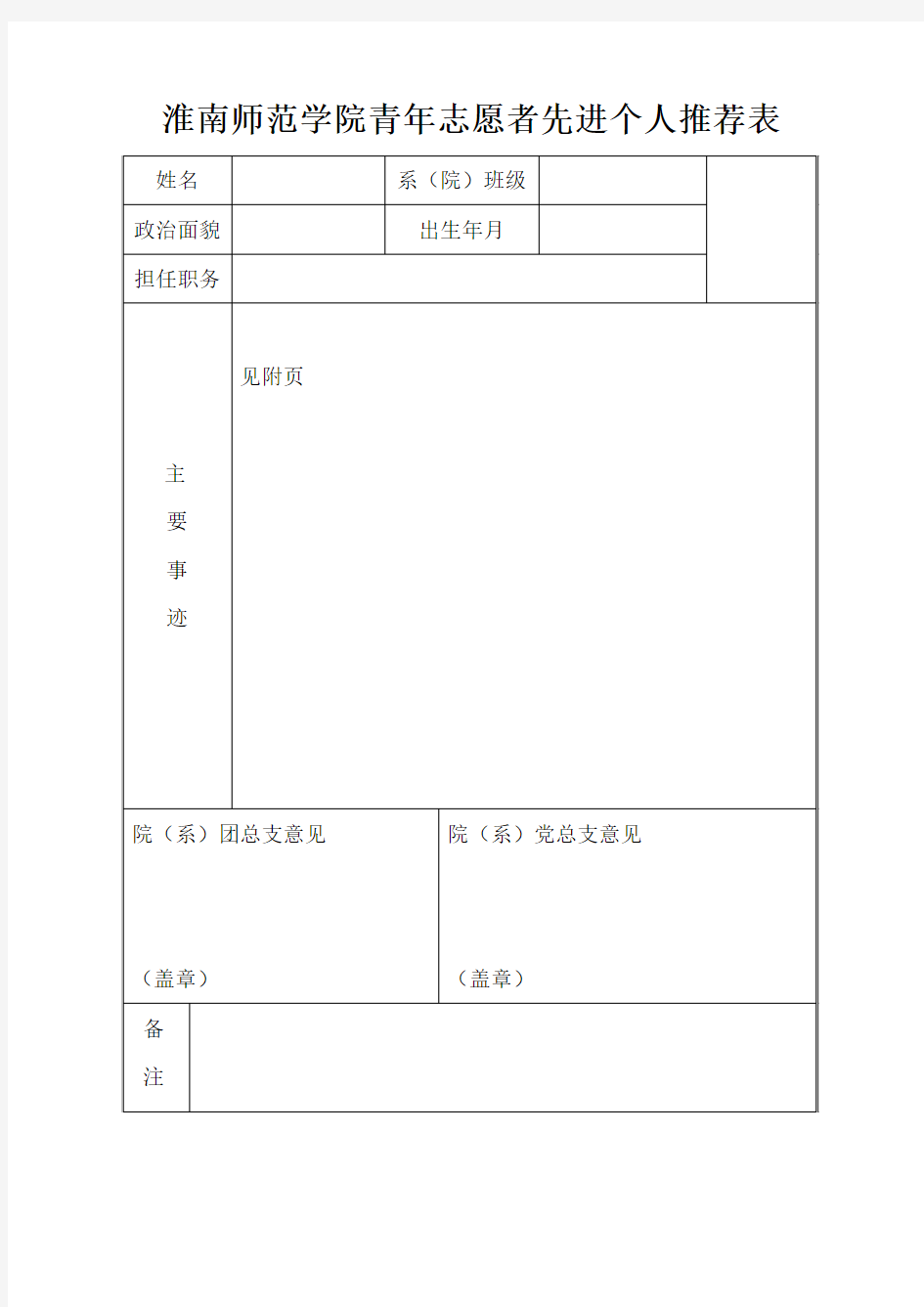 青年志愿者先进个人推荐表模板