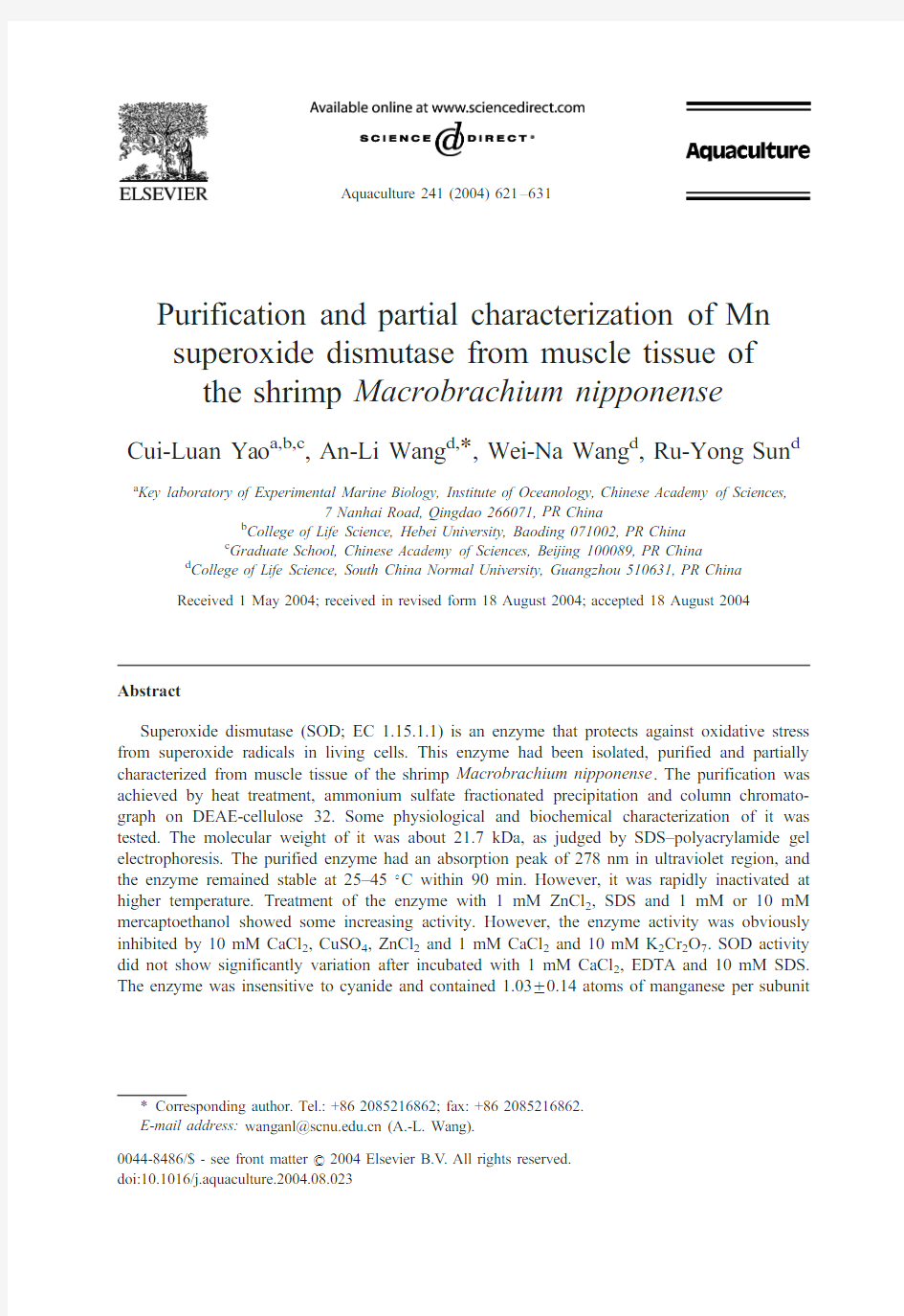 Purification and partial characterization of Mn