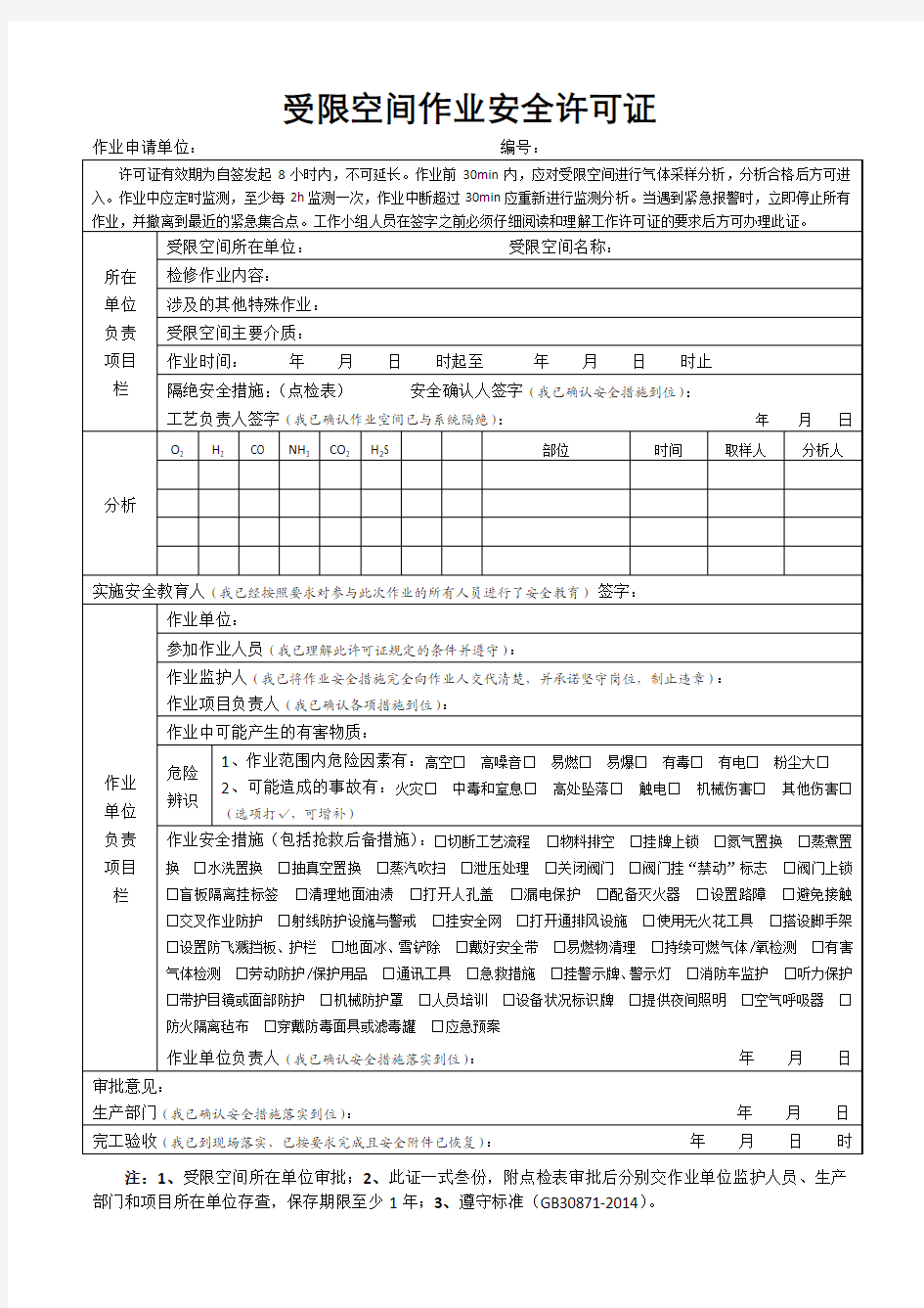 受限空间作业安全许可证