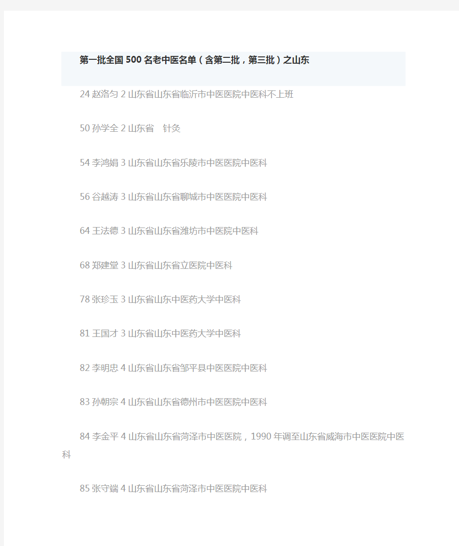 第一批全国500名老中医名单(含第二批,第三批)之山东