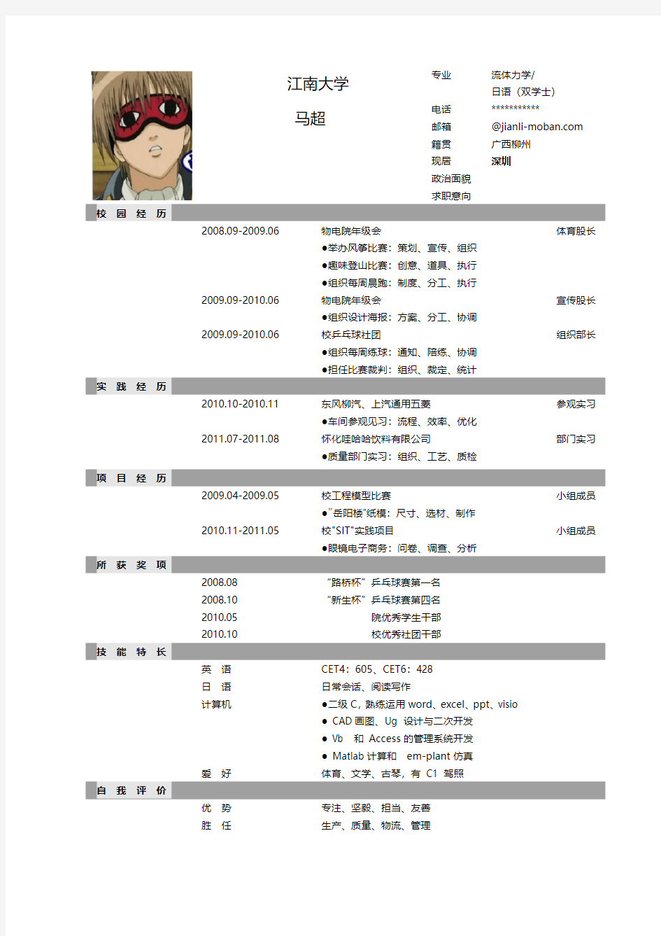 流体力学专业个人简历模板