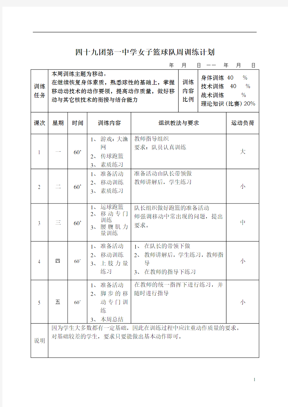 四十九团第一中学女篮周训练计划表