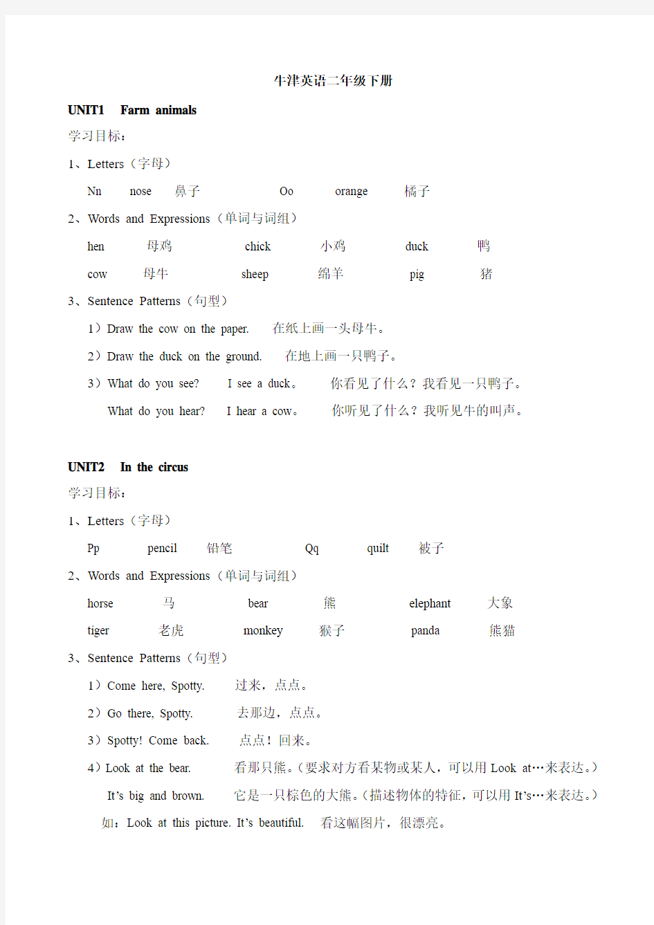 牛津英语二下知识重点