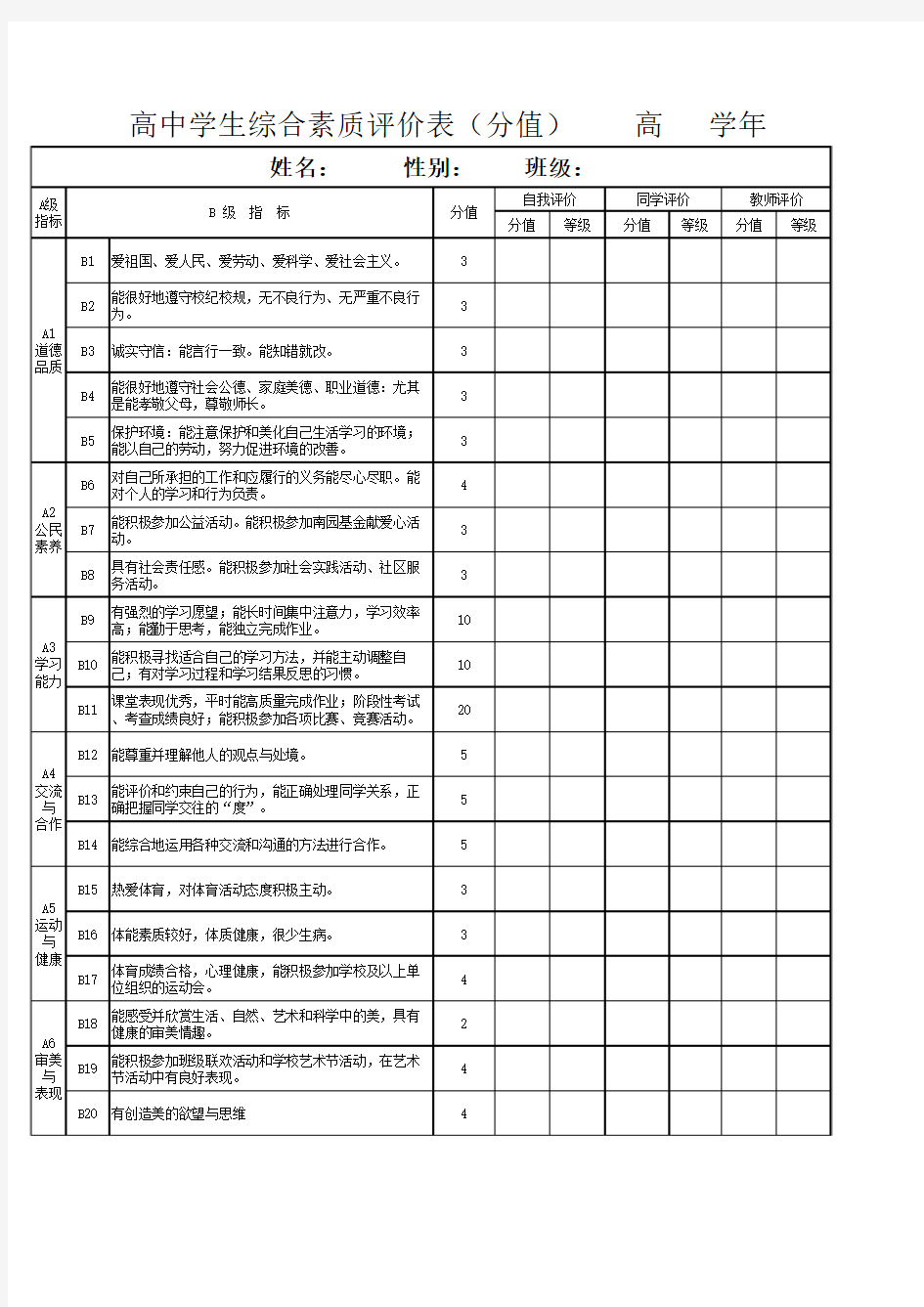 学生综合素质评价表(文字版)