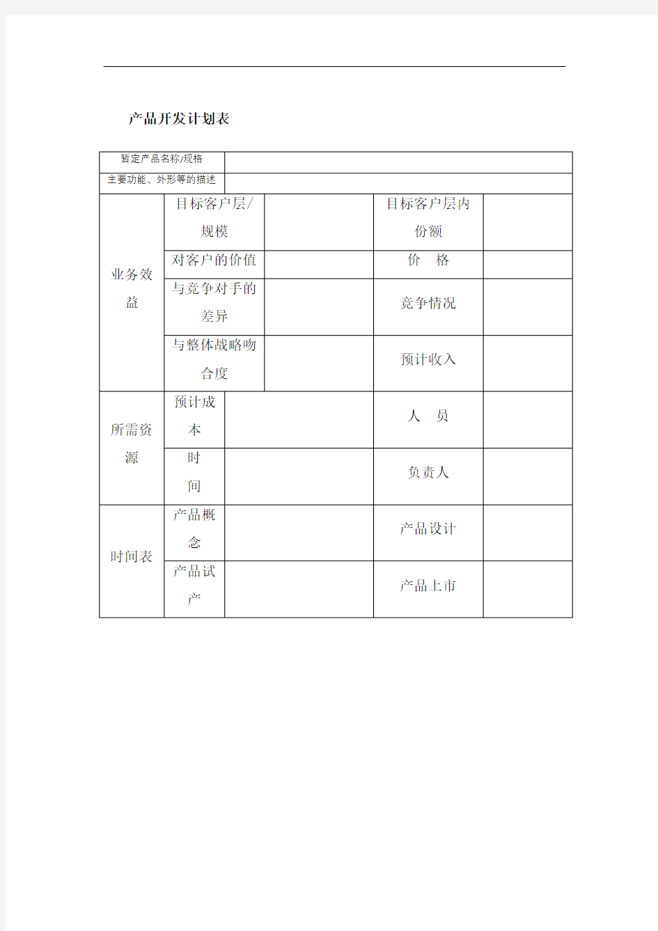 产品开发计划表模板