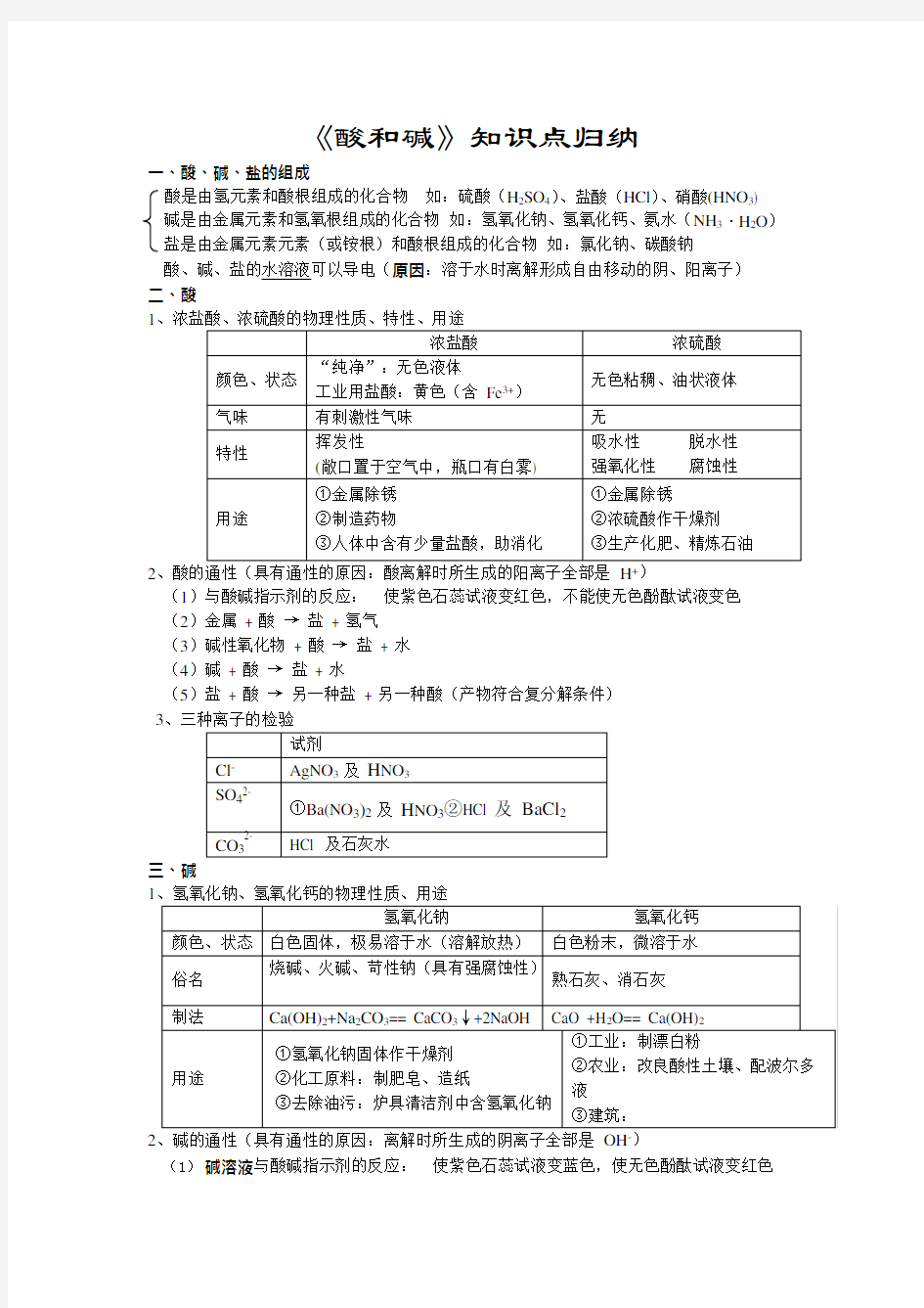 (完整版)初三化学酸和碱知识点归纳