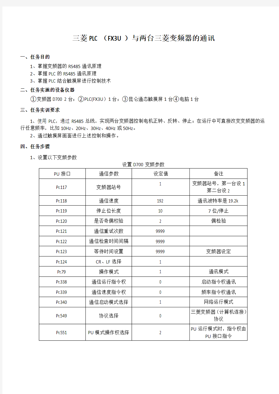 三菱PLC(FX3U)与两台变频器的通讯