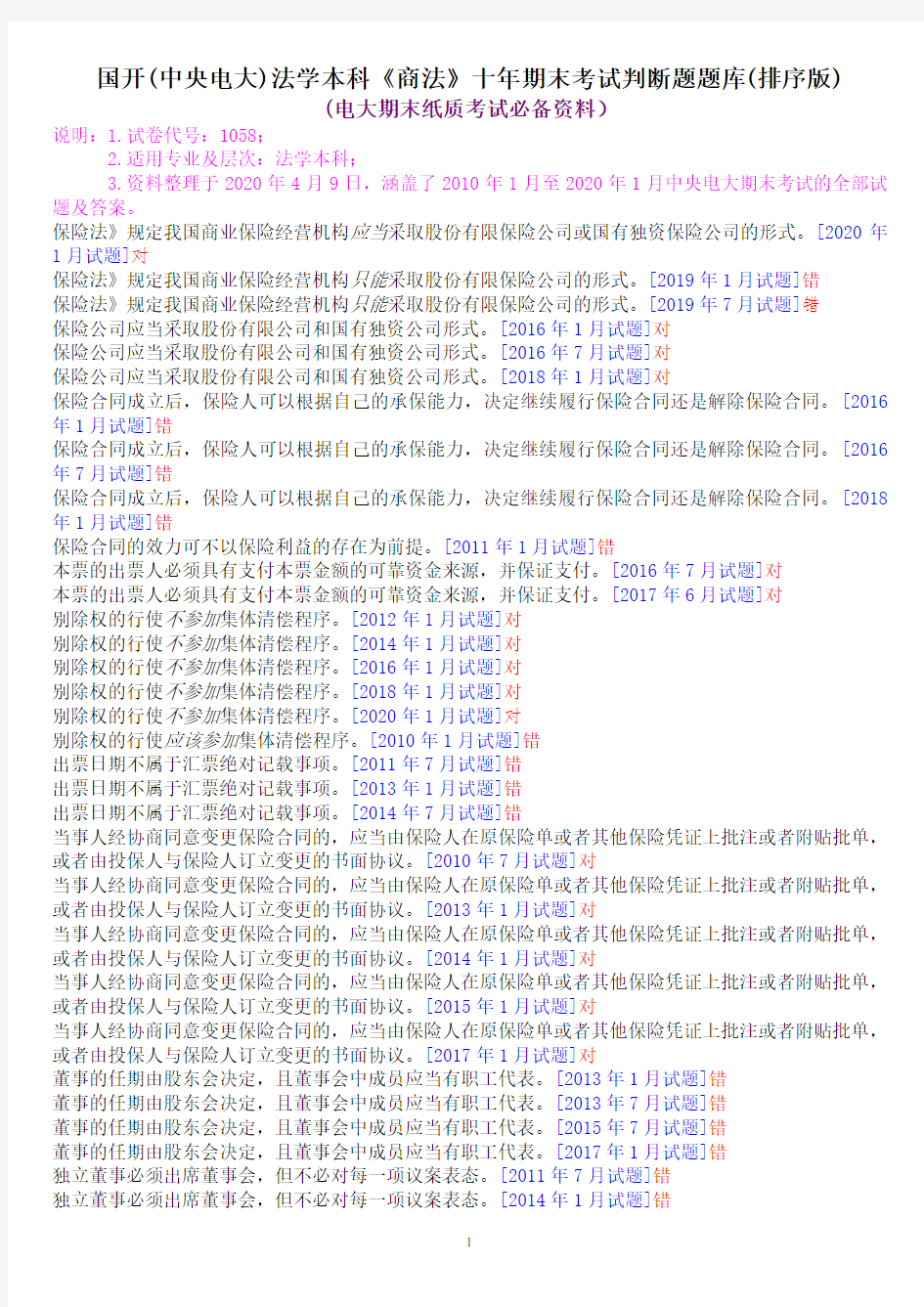 国开(中央电大)法学本科《商法》十年期末考试判断题题库(排序版)