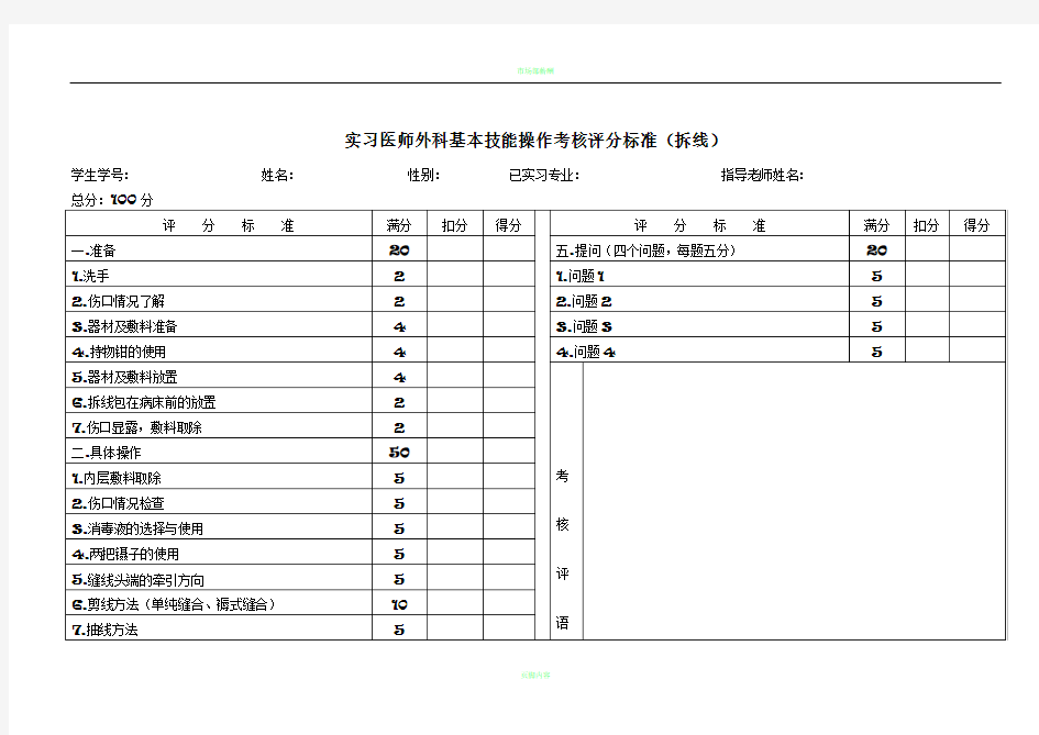 外科基本技能操作考核评分标准