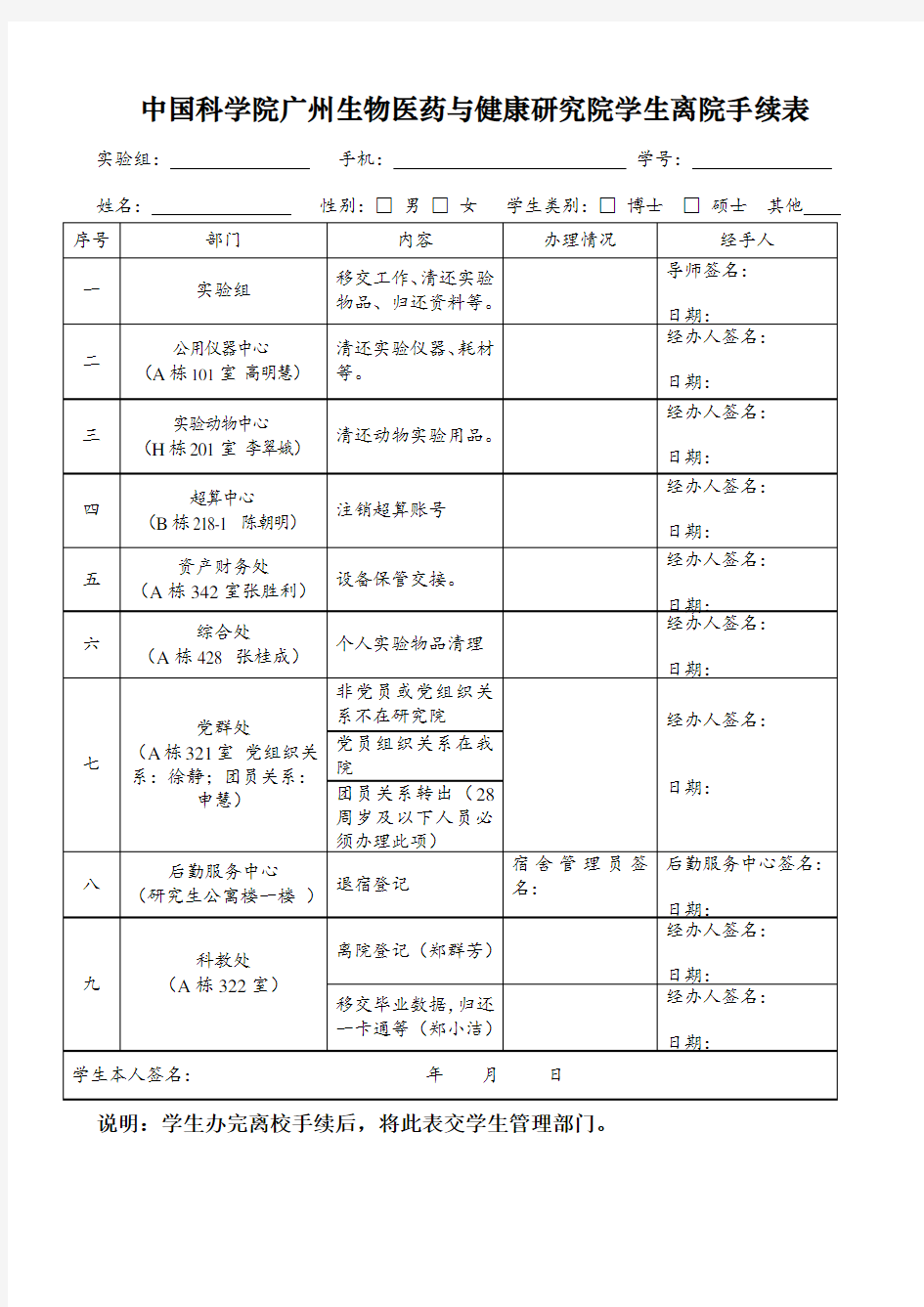 中国科学院广州生物医药与健康研究院学生离院手续表