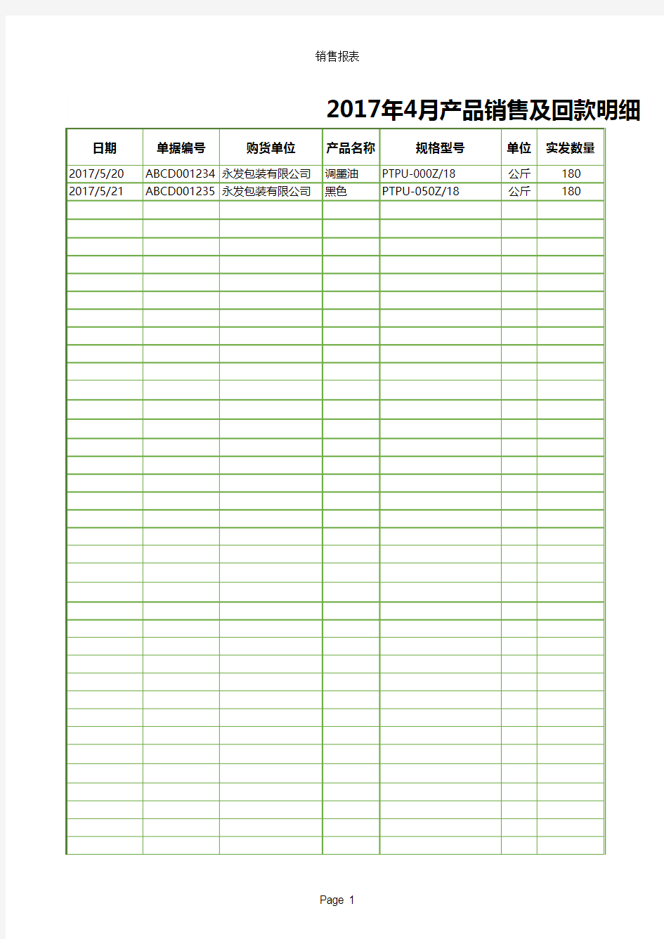 产品营销及回款明细报表excel模板