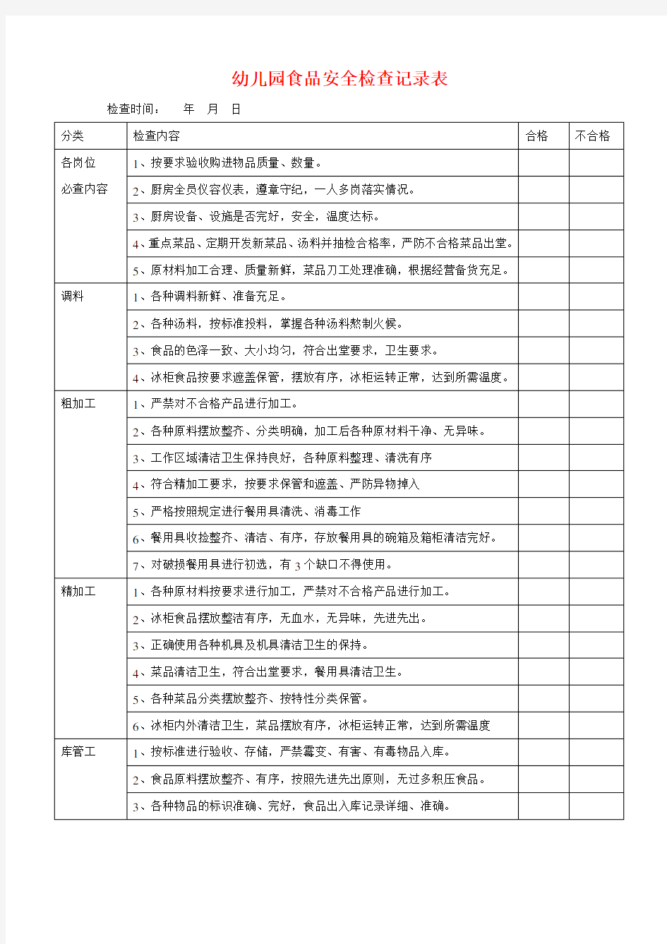 幼儿园食品安全检查记录表