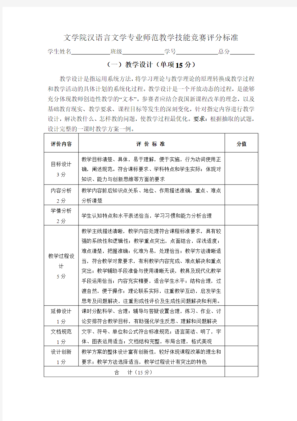 文学院汉语言文学专业师范教学技能竞赛评分标准