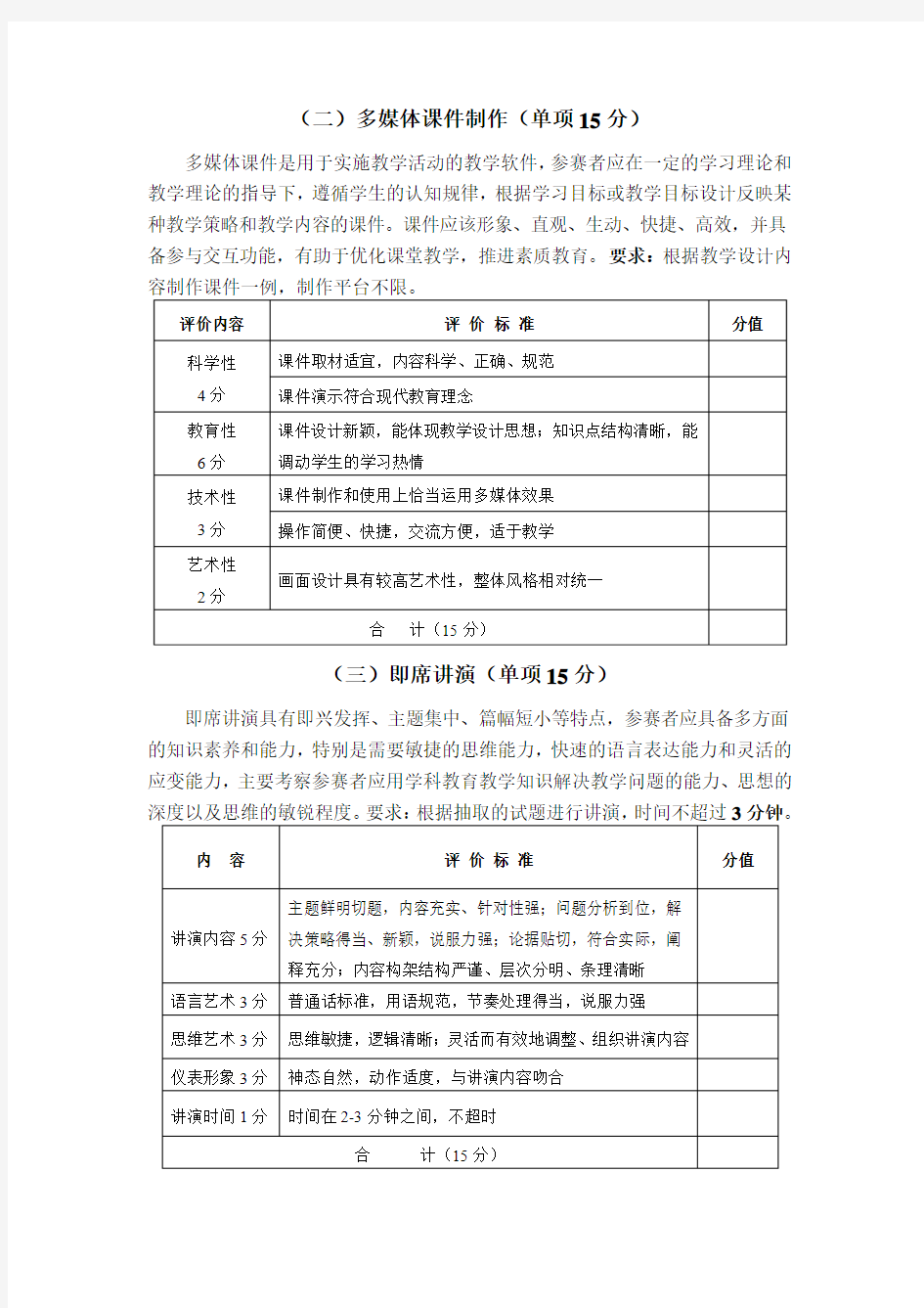 文学院汉语言文学专业师范教学技能竞赛评分标准