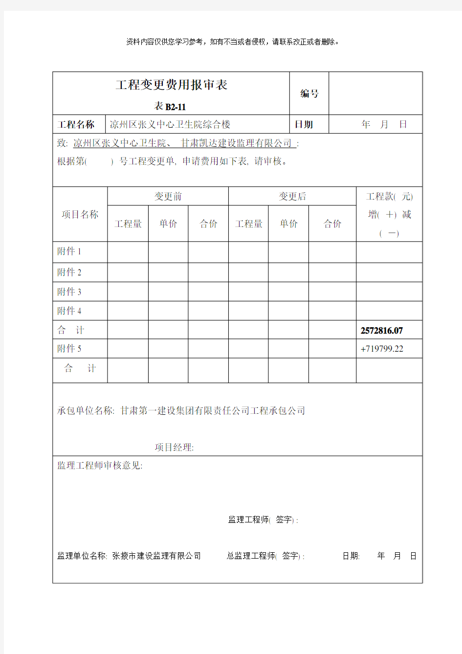 工程变更费用报审表样本