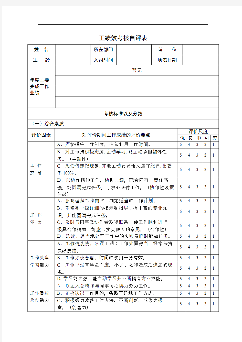 员工绩效考核自评表