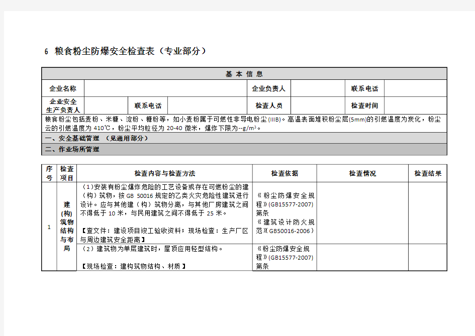 粮食粉尘防爆安全检查表(专业部分)