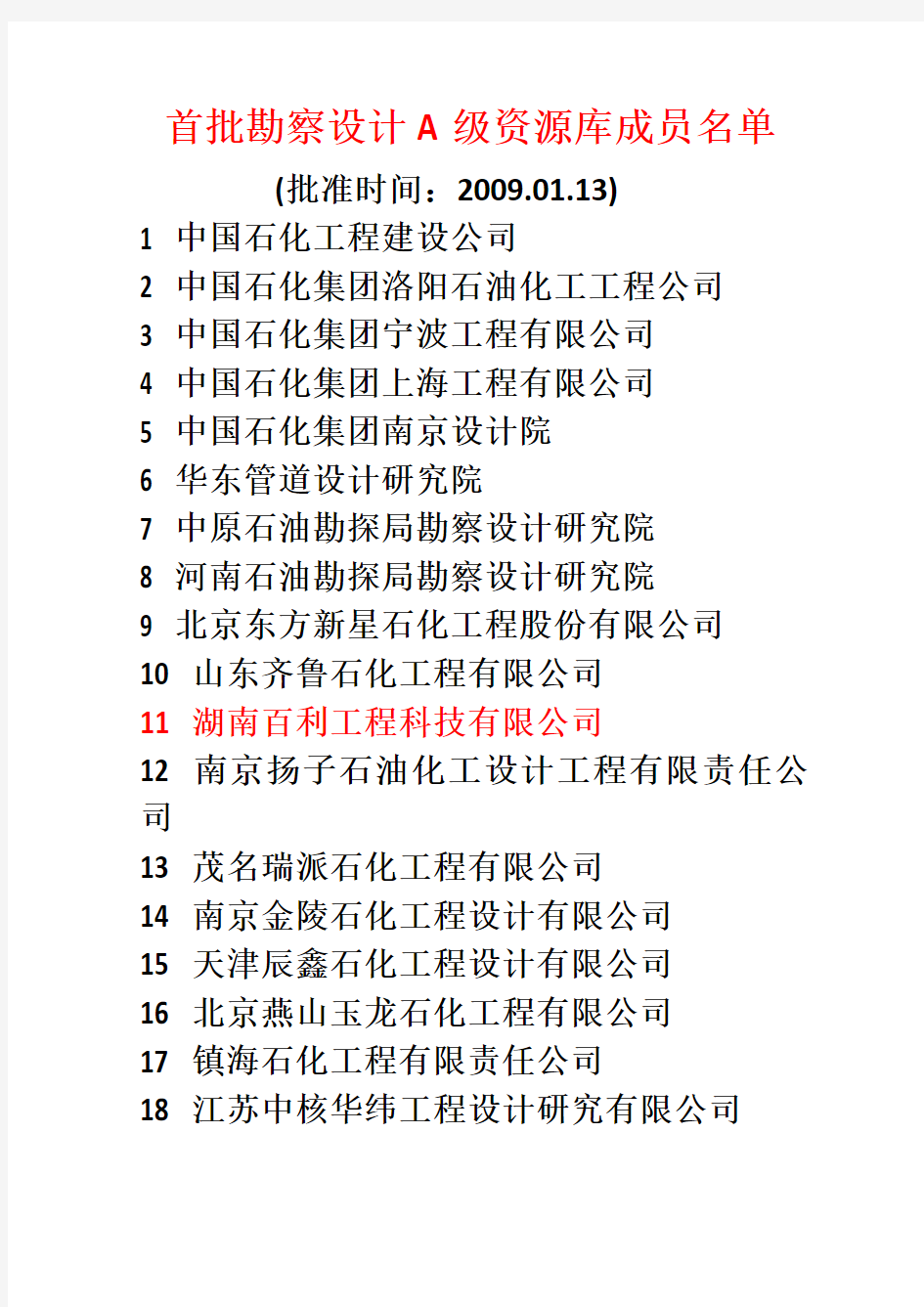 中国石化工程建设市场资源库成员名单(全国范围)