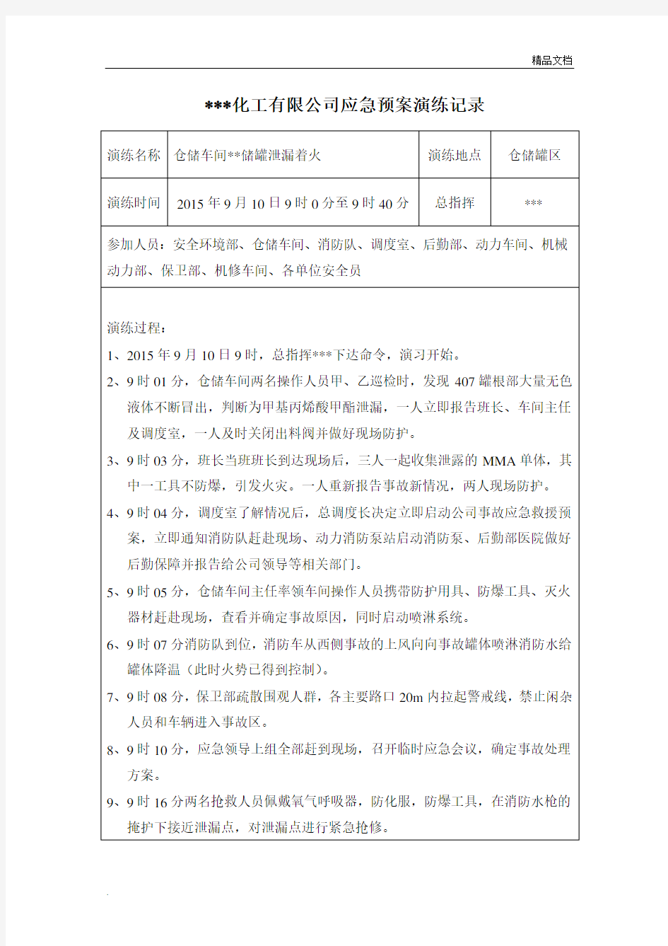 化工企业应急预案演练记录