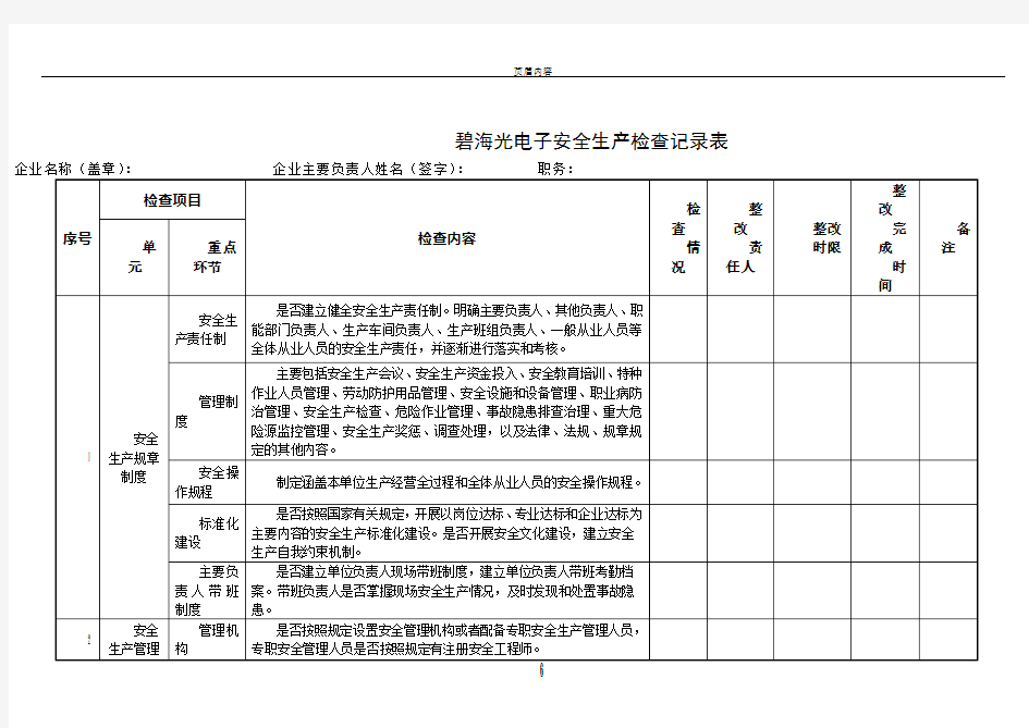 生产经营单位安全隐患自查自纠报告表