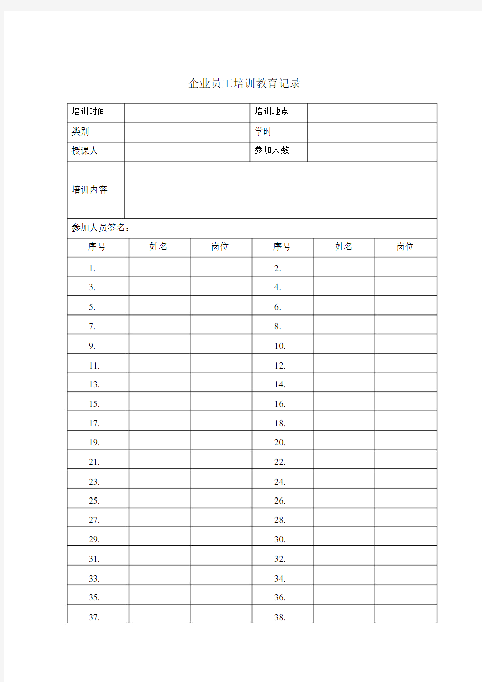 企业员工培训教育记录