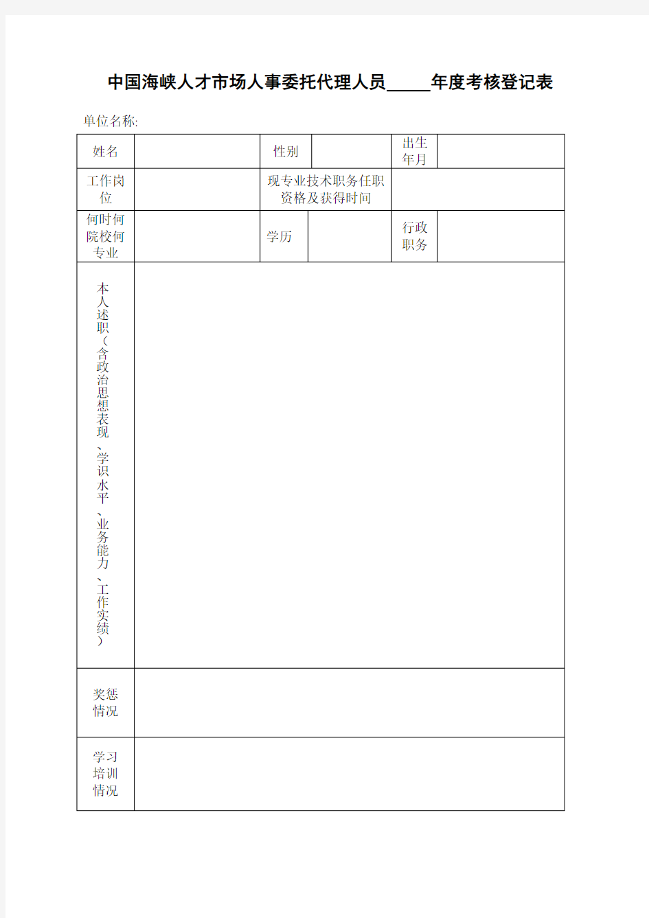 中国海峡人才市场年度考核表