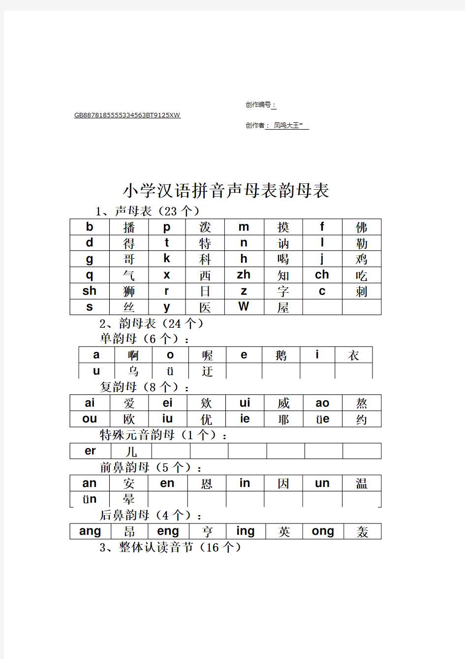 小学汉语拼音声母表、韵母表和整体认读表
