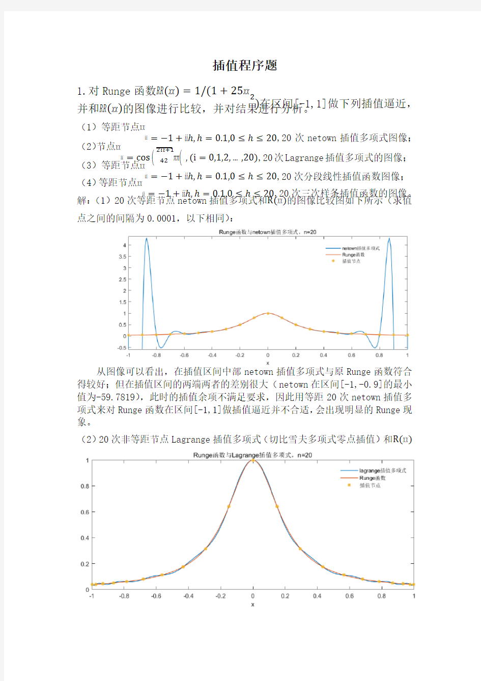 高等数值分析插值程序题Runge现象