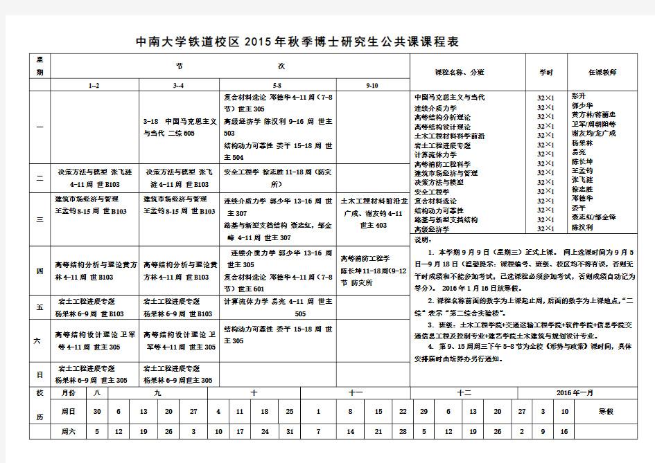 中南大学铁道校区2015年秋季博士研究生公共课课程表