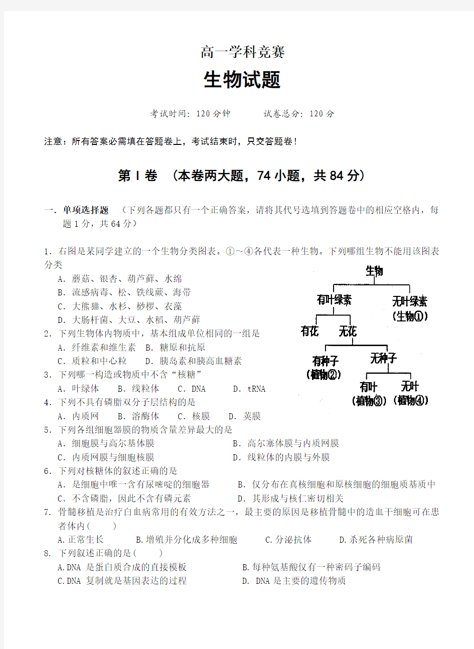 高一生物竞赛试题及答案