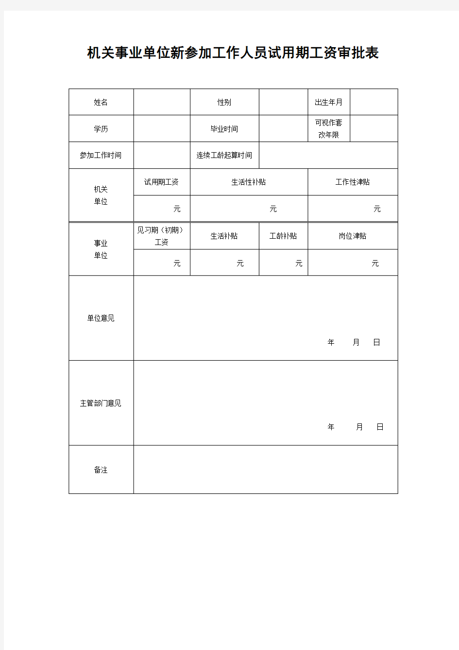 机关事业单位新参加工作人员试用期工资审批表