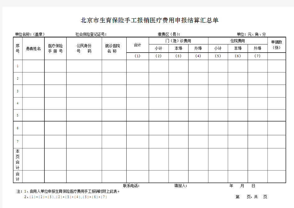 北京市生育保险手工报销医疗费用申报结算汇总单