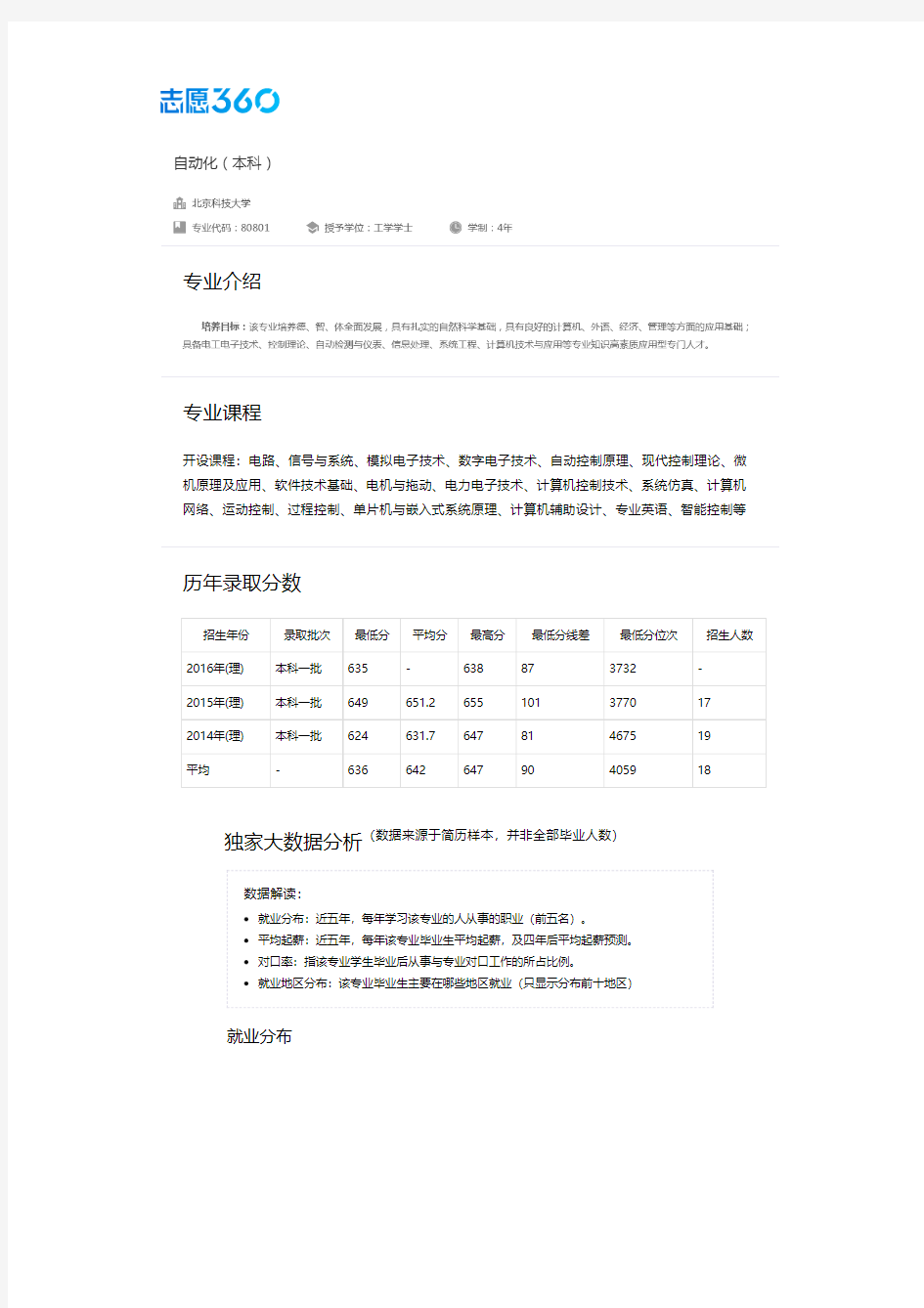 2013-2017年北京科技大学自动化专业毕业生就业大数据报告